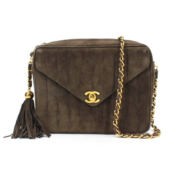 CHANEL Vertical Quilt Brown Suede Fringe Tassel Camera Bag CC Turnlock Crossbody - Picture 1 of 11